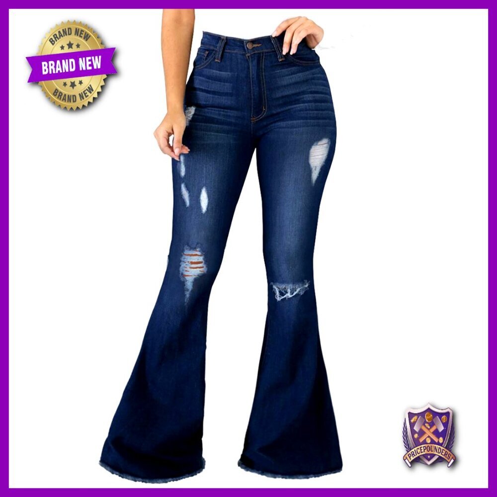 Women's Bell Bottom Jeans Elastic Waist Ripped Flared Denim Pants